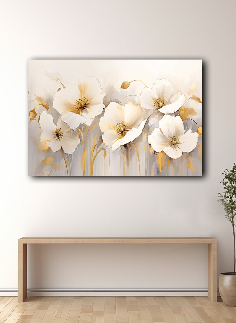 لوحة كانفاس على إطار خشبي بتصميم فن تجريدي لزهور الليلى الذهبية - Image 1