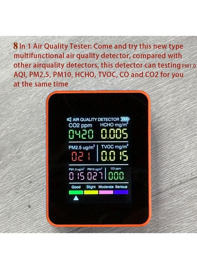 Orange 8in1 Air Quality Monitor PM2 5 PM10 HCHO TVOC AQI CO CO2 Rechargeable Battery LCD Display - Image 5