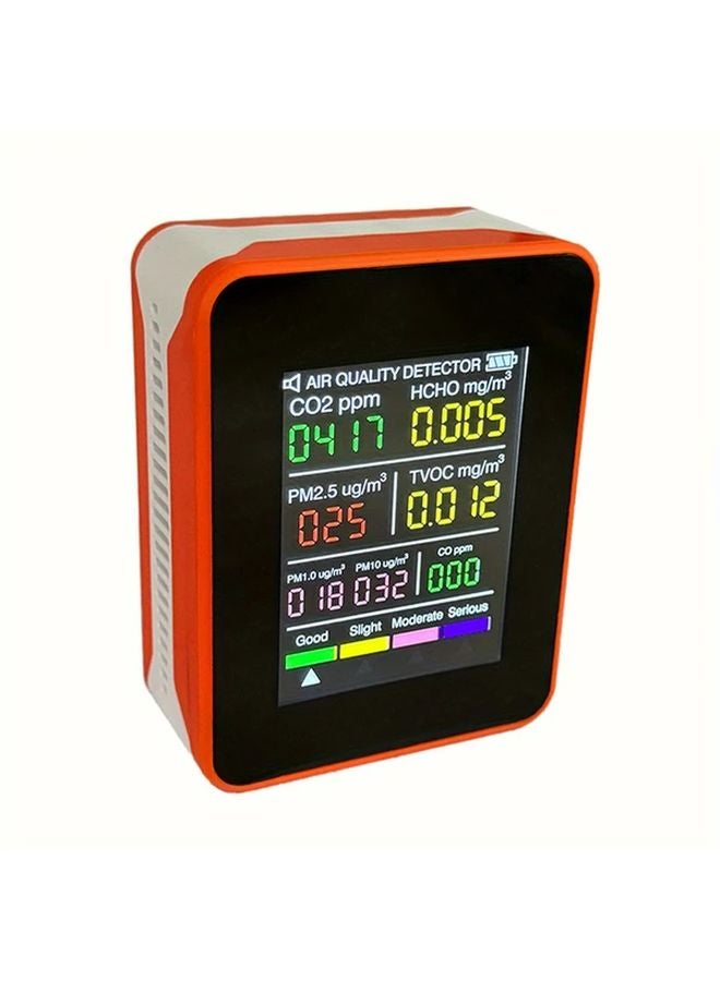 Orange 8in1 Air Quality Monitor PM2 5 PM10 HCHO TVOC AQI CO CO2 Rechargeable Battery LCD Display - Image 1