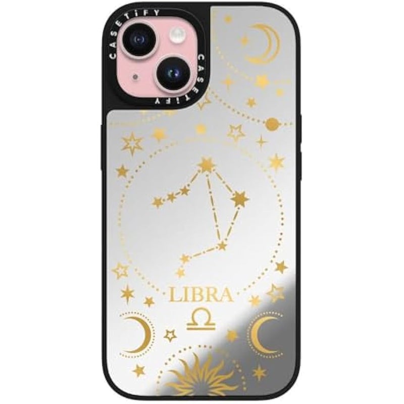 Casetify Mirror iPhone 15 Case 【Reflective / 4.9ft Drop Protection/Compatible with Magsafe】 - Zodiac Star Sign : Libra - Silver on Black - Image 1