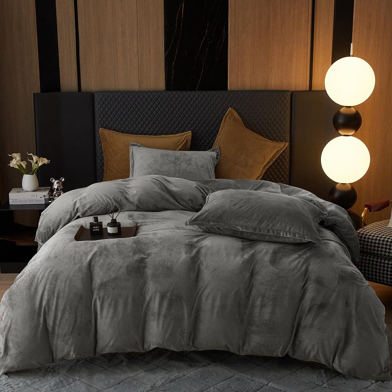 بي أتش إف PHF Super Super Velvet Cover Cover Cover Queen Size 3pcs الفاخرة الفاخرة الدافئة الفاخرة الفاخرة الفاخرة مع 8 روابط غلاف مريح من الفانيلا المريح مع وسادة shams Zipper Closure 90 "X90" Smoke Gray - Image 2