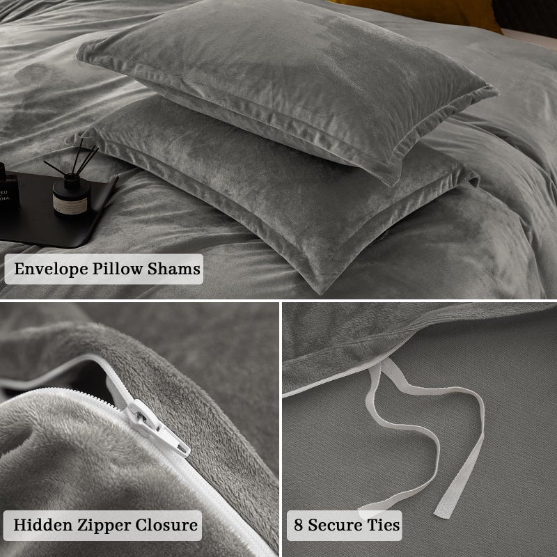 بي أتش إف PHF Super Super Velvet Cover Cover Cover Queen Size 3pcs الفاخرة الفاخرة الدافئة الفاخرة الفاخرة الفاخرة مع 8 روابط غلاف مريح من الفانيلا المريح مع وسادة shams Zipper Closure 90 "X90" Smoke Gray - Image 5