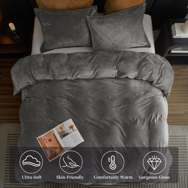 بي أتش إف PHF Super Super Velvet Cover Cover Cover Queen Size 3pcs الفاخرة الفاخرة الدافئة الفاخرة الفاخرة الفاخرة مع 8 روابط غلاف مريح من الفانيلا المريح مع وسادة shams Zipper Closure 90 "X90" Smoke Gray - Image 3