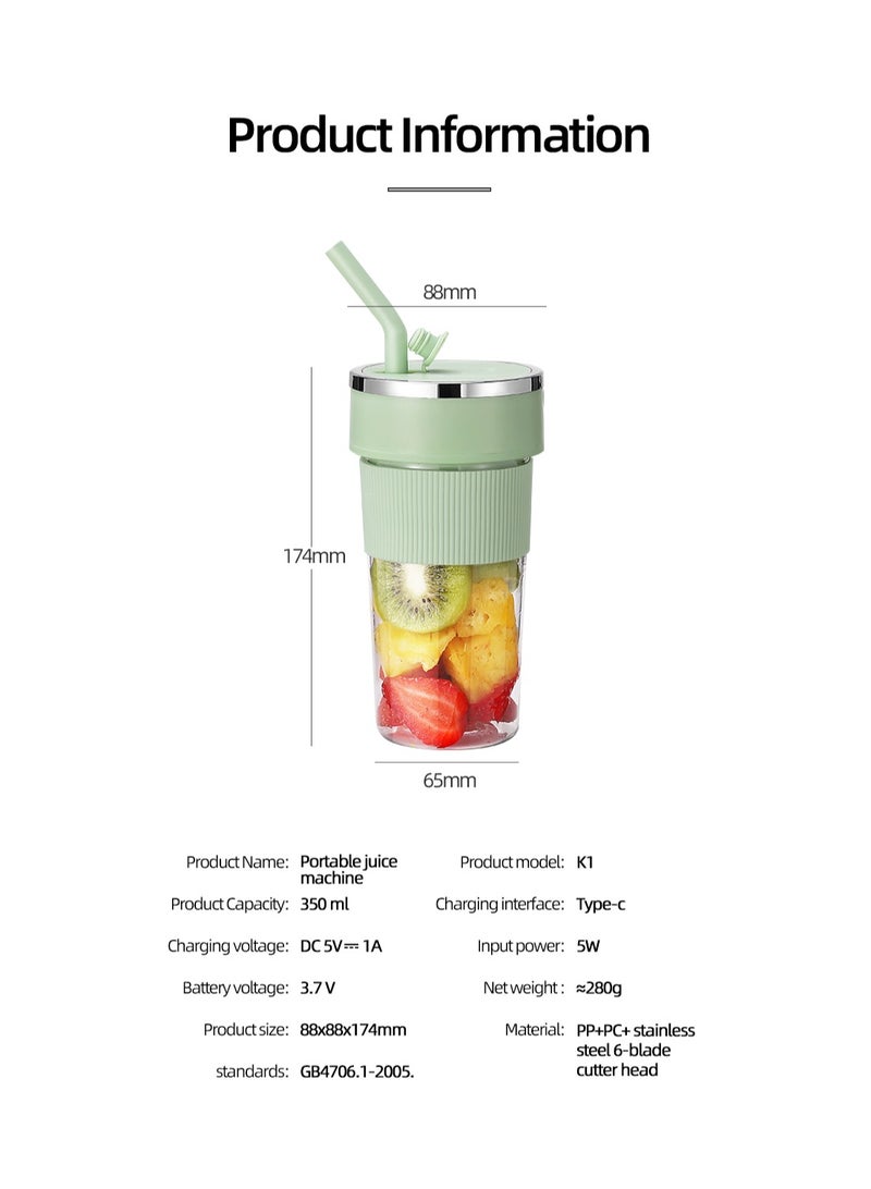 Portable Wireless Juicer Cup, 6 Stainless Steel Blades, with Straw for Direct Drinking, USB Rechargeable Dual Speed, Ice Crushing, Multi-functional Electric Blender for Home, Office, Travel, 350ML Large Capacity Creative Gift(K1-White)  - Image 2