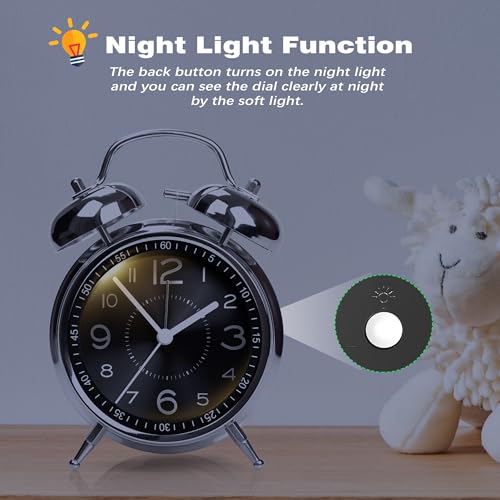 AYRELY Super Loud Alarm Clock for Heavy Sleepers Adults,Twin Bell Retro 4 Inch Silent Non-Ticking Quartz with Backlight, Metal dial, Alarm Clocks for Bedrooms Bedside (Black) - Image 5