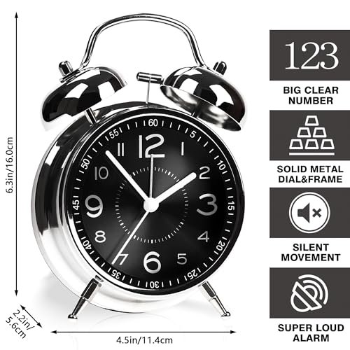 AYRELY Super Loud Alarm Clock for Heavy Sleepers Adults,Twin Bell Retro 4 Inch Silent Non-Ticking Quartz with Backlight, Metal dial, Alarm Clocks for Bedrooms Bedside (Black) - Image 2
