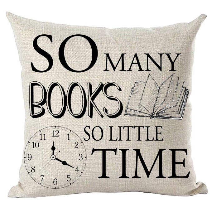 BLACK WORD ART QUOTE SO MANY BOOKS SO LITTLE TIME CLOCK BOOK CLUB LIBRARY READING ROOM DECORATIVE THROW PILLOW COVER CASE HOME LIVING ROOM BED SOFA CAR COTTON LINEN SQUARE 18 X 18 INCHES