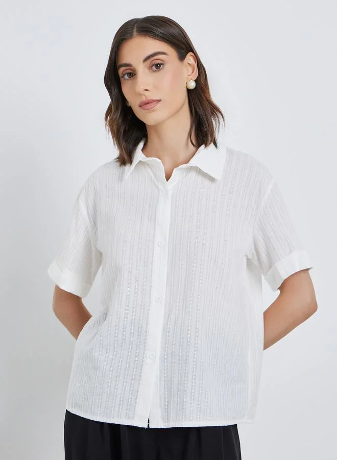 تايك تو Take Two Women White Textured Short Sleeve Regular Fit Shirt