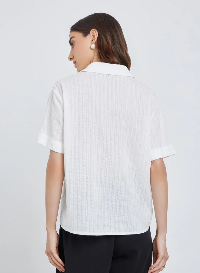 تايك تو Take Two Women White Textured Short Sleeve Regular Fit Shirt