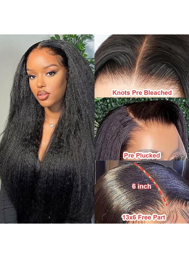 BLY Human Hair Lace Front Glueless Wigs for Women 13x6 Kinky Straight Pre Bleached Knots Yaki Human Hair Wig HD Transparent Lace Pre Plucked 180% Density Natural Black Color 20 Inch - Image 2
