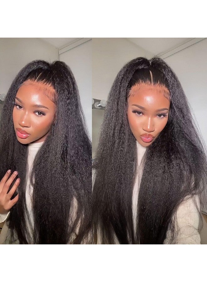 BLY Human Hair Lace Front Glueless Wigs for Women 13x6 Kinky Straight Pre Bleached Knots Yaki Human Hair Wig HD Transparent Lace Pre Plucked 180% Density Natural Black Color 20 Inch - Image 1