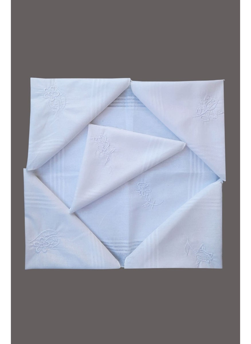 Hepsine Rakip Rivaling All Flower Embroidered Pack of 6 Women's White Handkerchief 28X28 cm 100% Cotton  - Image 2