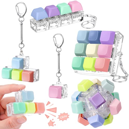 Halloscume 5 Pcs Keyboard Adult Fidget Clicker in 5 Styles Keyboard Fidget Keychain Cube Mechanical Key Button Clicker Stress Relief Gift for Office Home Pass TimeMacaron Colors - Image 1