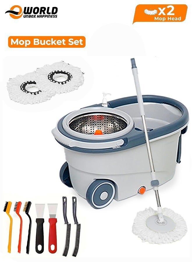 Spin Mop and Bucket Set with Detachable Spinning Bucket, Wheels, Stainless Steel Telescopic Handle, Reusable Microfiber Mop Heads & 7Pcs Cleaning Brushes, 6L Bucket for Effortless and Deep Floor Cleaning on All Surfaces