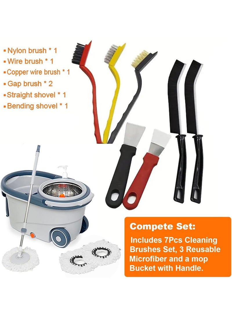 Eworld Spin Mop and Bucket Set with Detachable Spinning Bucket, Wheels, Stainless Steel Telescopic Handle, Reusable Microfiber Mop Heads & 7Pcs Cleaning Brushes, 6L Bucket for Effortless and Deep Floor Cleaning on All Surfaces - Image 4