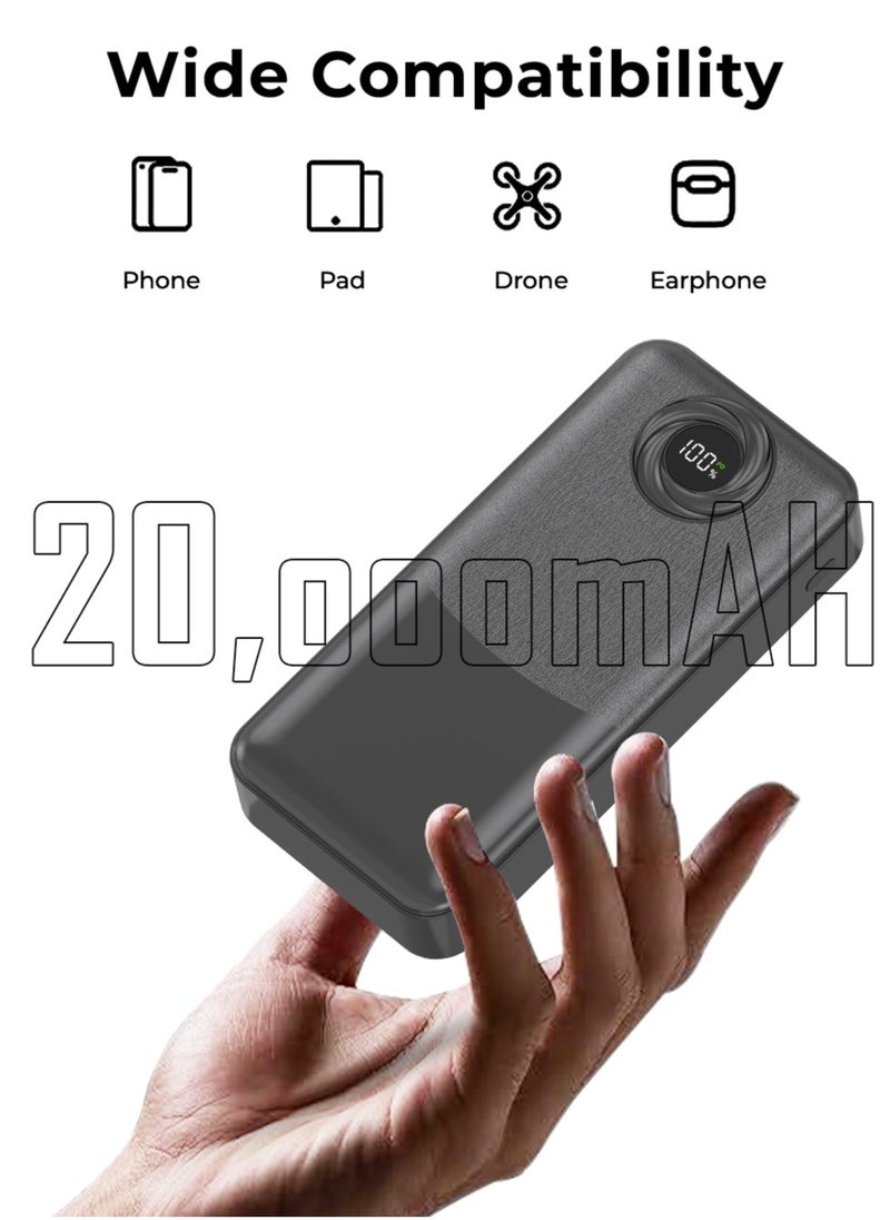glassology 20000mAh Power Bank, PD20W + QC 22.5W Fast Charging, Polymer Battery, 2 USB Output Ports, Digital Display Power, Strong LCD Light, Compatible with iPhone, Samsung Galaxy, Apple Watch, AirPods, iPad Black  - Image 3