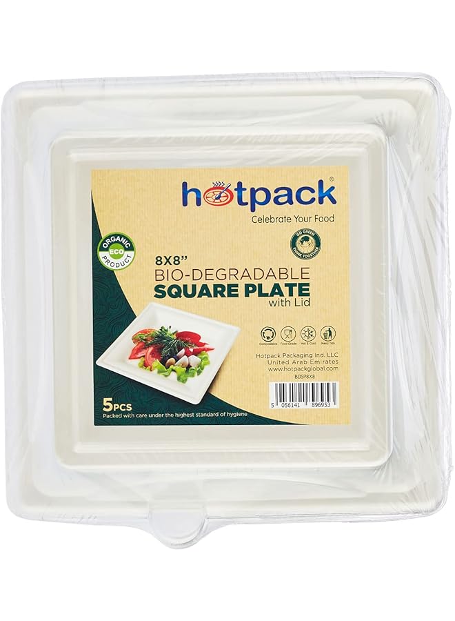 Hotpack 8X8" Bio Degradable Square Plate With Lid 5 Pieces - Image 1