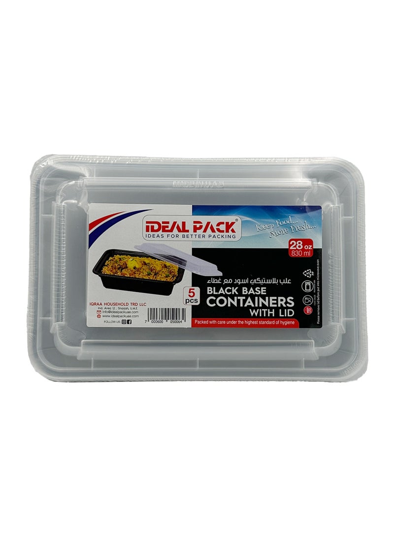 IDEAL PACK Black Base Rectangular Food Containers with Lids – 28 oz | 5 Pack | BPA-Free Meal Prep Containers | Microwave, Freezer & Dishwasher Safe - Image 1