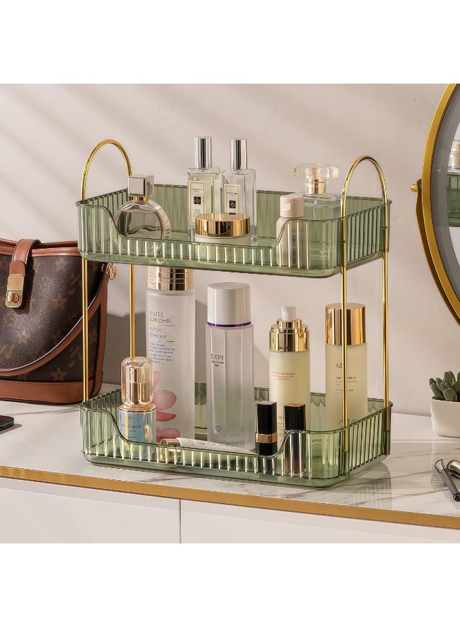 Bathroom Organizer Countertop, Makeup Storage, Skincare Cosmetic Tray Shelf, Perfume Holder Rack for Vanity Counter, Large Capacity, Easy to Install, Clean, 2 Tiers, Green - Image 2