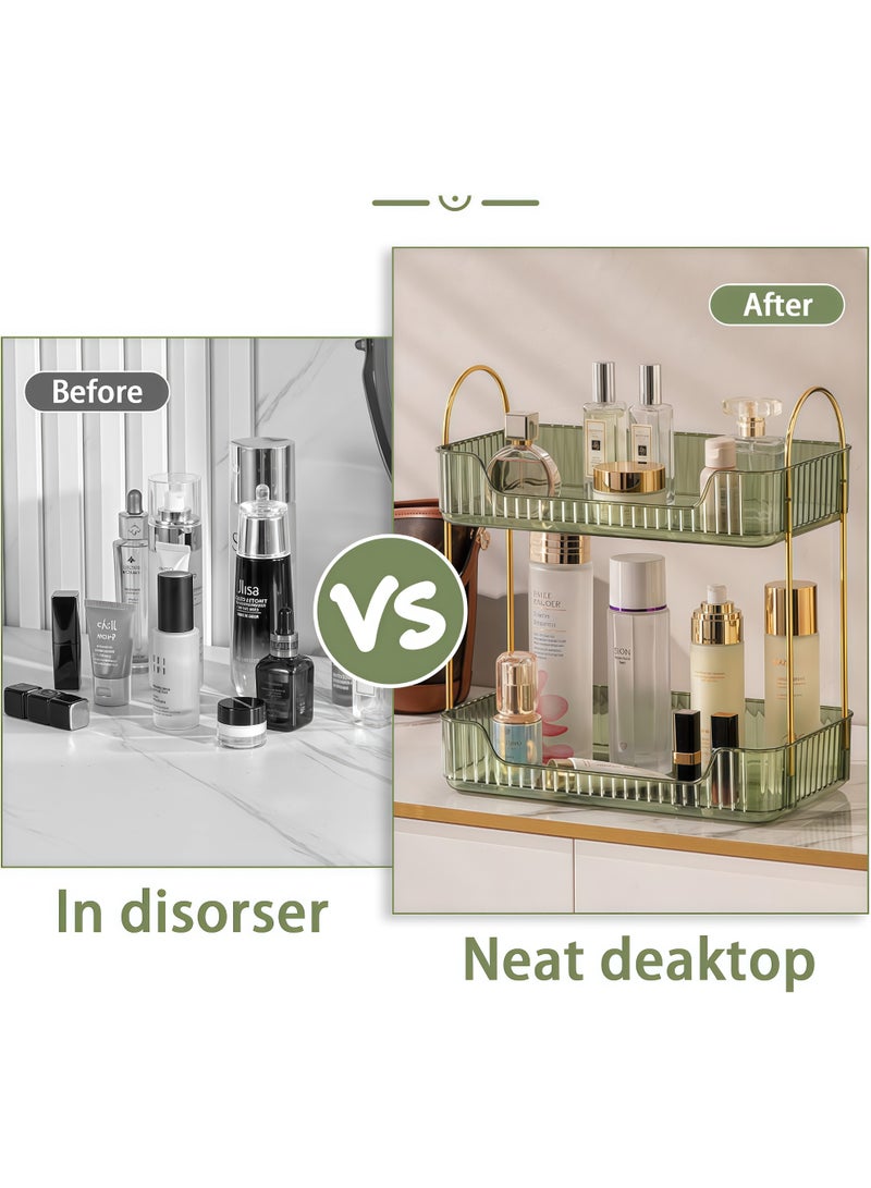 Bathroom Organizer Countertop, Makeup Storage, Skincare Cosmetic Tray Shelf, Perfume Holder Rack for Vanity Counter, Large Capacity, Easy to Install, Clean, 2 Tiers, Green - Image 5