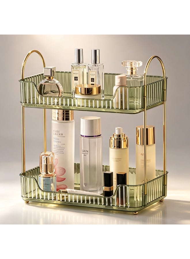 Bathroom Organizer Countertop, Makeup Storage, Skincare Cosmetic Tray Shelf, Perfume Holder Rack for Vanity Counter, Large Capacity, Easy to Install, Clean, 2 Tiers, Green - Image 1