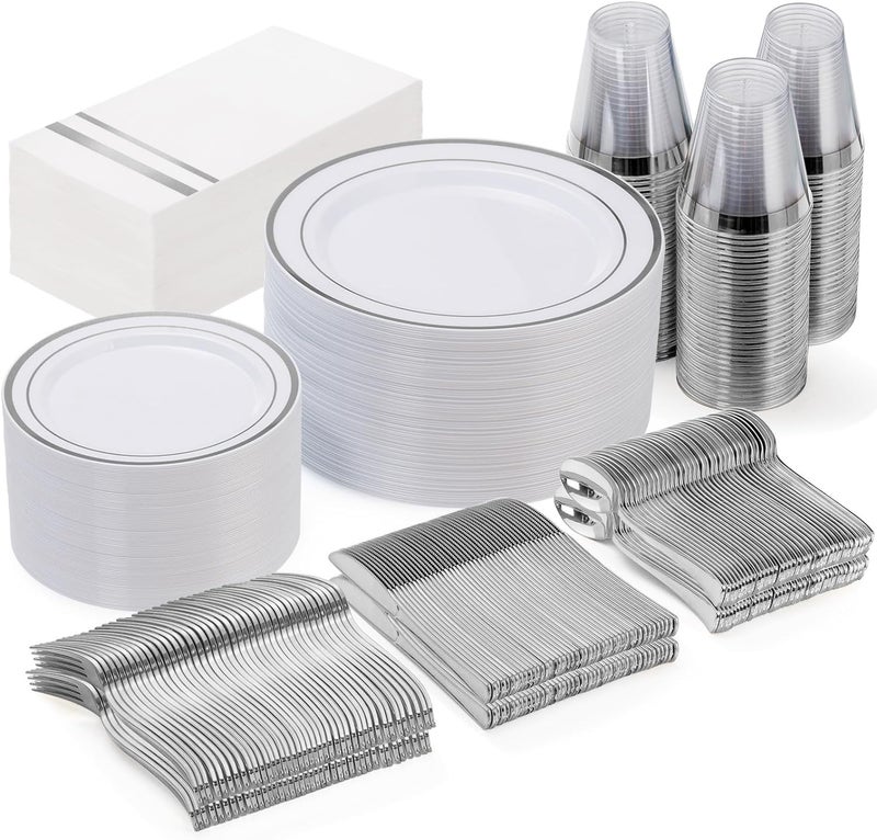 GATHER 350PCS Silver Plastic Plates  White and Silver Disposable Plates for 50 Guests Includes 50 Dinner Plates 50 Dessert Plate 50 Napkins 150 Silvery Cutlery and 50 Cups for Wedding  Party