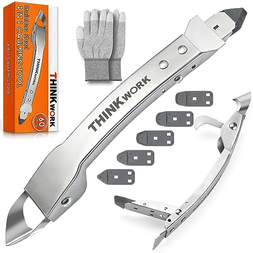 THINKWORK Caulking Tool Kit, 4 in 1 Caulk Remover Tool, Stainless Steel Caulk Tool for Kitchen Bathroom Window Sink Tile Joint, Silver - Image 1
