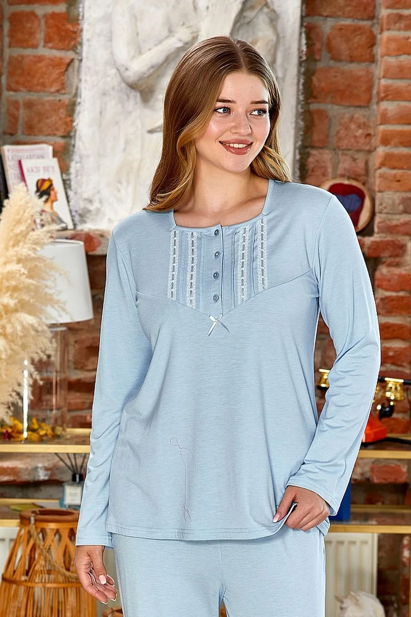 Cossy By Aqua 23098 Plus Size Long Sleeve Women's Pajama Set-Blue