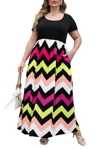 Nemidor Plus Size Maxi Dresses for Curvy Women Casual Summer Short Sleeve Chevron Print Long Dress with Pocket 14-26(155,26,Wave) - Image 1