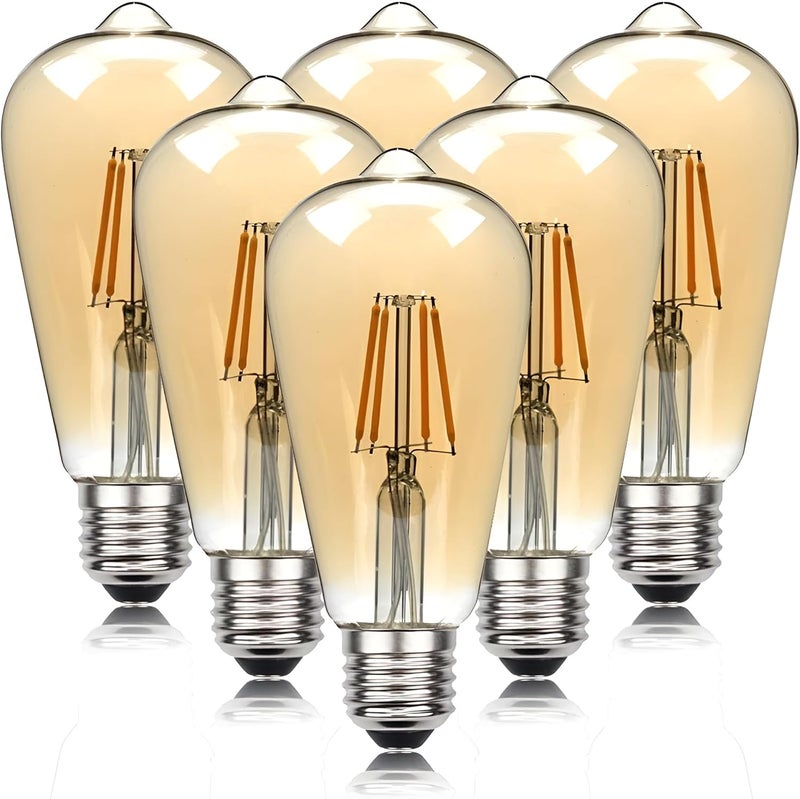 مصابيح LED ST64 الفينتاج 6W - زجاج كهرماني، أبيض دافئ (عبوة من 6) - Image 1
