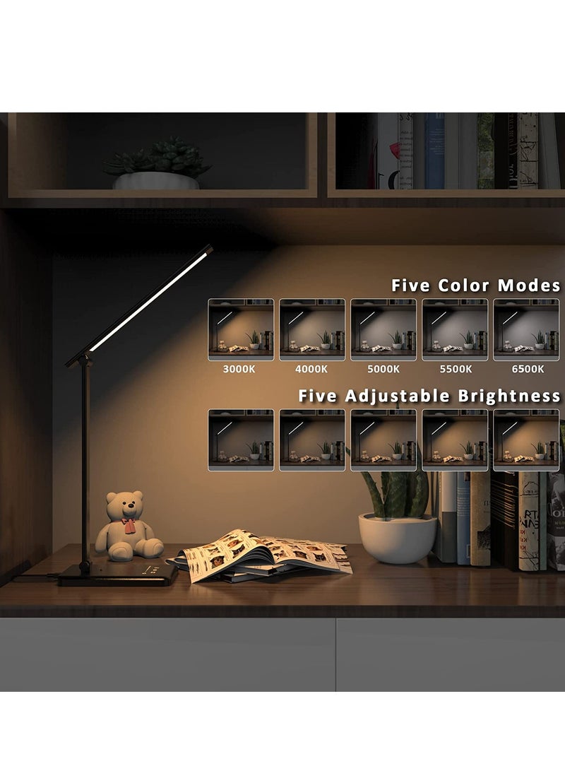 SYOSI LED Desk Lamp with Wireless Charger, USB Charging Port, 5 Brightness Levels, 5 Lighting Modes, Touch Control, 3060 min Auto Timer, Eye Caring Office Lamp with Adapter Black - Image 3