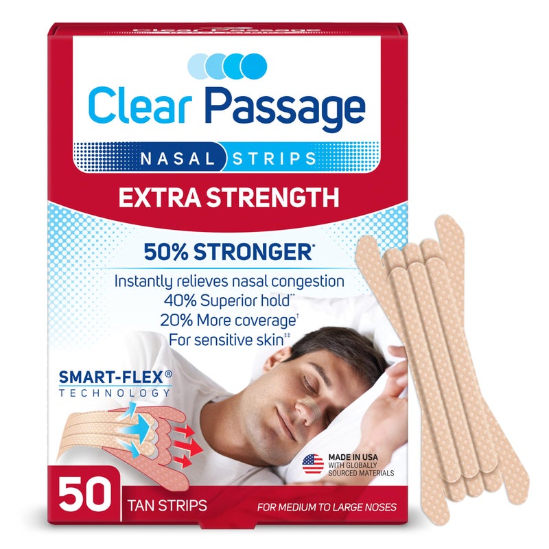 Clear Passage شرائط أنف كلير باساج للقوة الإضافية، تان، 50 قطعة | تعمل على تحسين النوم، تقليل الشخير، وتخفيف احتقان الأنف بسبب الزكام والحساسية - Image 1