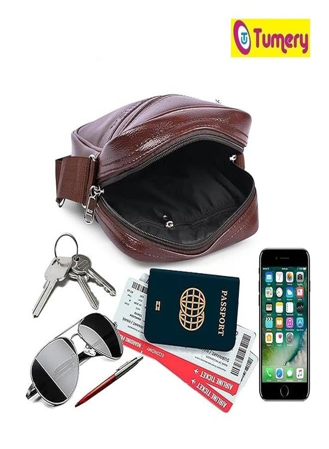 Tumery Unisex PU Leather Sling Bag || Side Bag || Travel Crossbody || Chest Bags || Passport Holder Sling Cash Bags || Travel, Office, Business Purpose with Adjustable Strap (Dark Brown) - Image 4