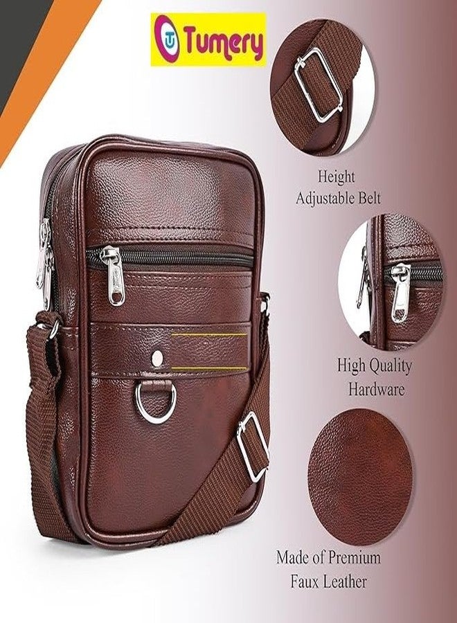 Tumery Unisex PU Leather Sling Bag || Side Bag || Travel Crossbody || Chest Bags || Passport Holder Sling Cash Bags || Travel, Office, Business Purpose with Adjustable Strap (Dark Brown) - Image 3