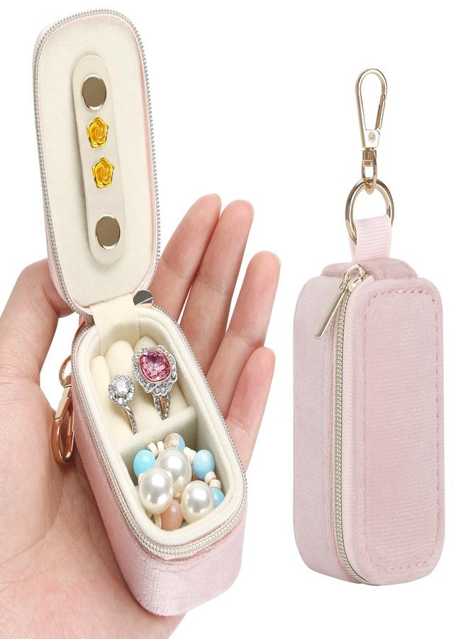 KUKUVR Mini Gym Velvet Jewelry Box with Keychain, Compact Travel Jewelry Holder for Ring Earring Necklace, Jewelry Organizer Case for Travel Daily Use, Ideal Gift for Her (Pink) - Image 1