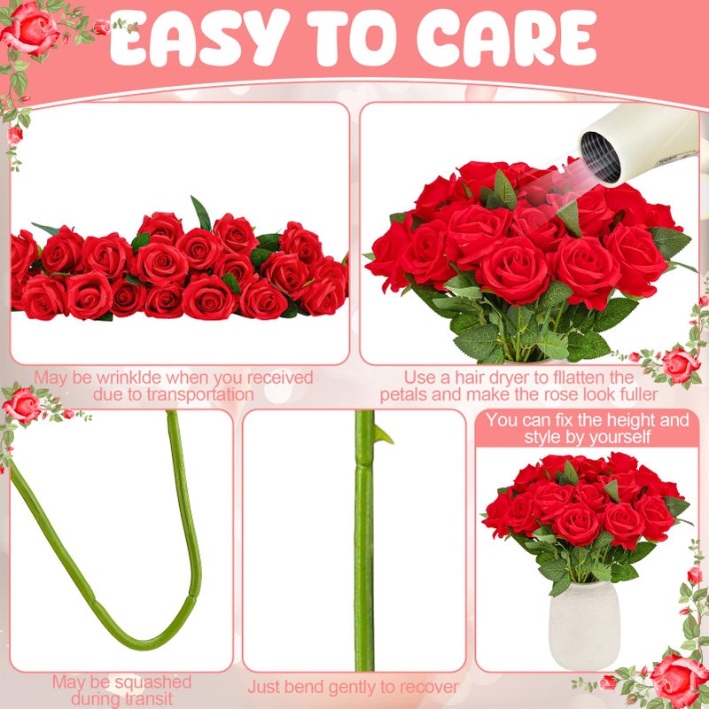Ovveroche 24 Pcs Red Rose Artificial Flowers with Long Stem Real Touch Silk Plastic Bouquet Red Roses Bulk for Wedding Party Table Centerpieces Festival Decorations - Image 2