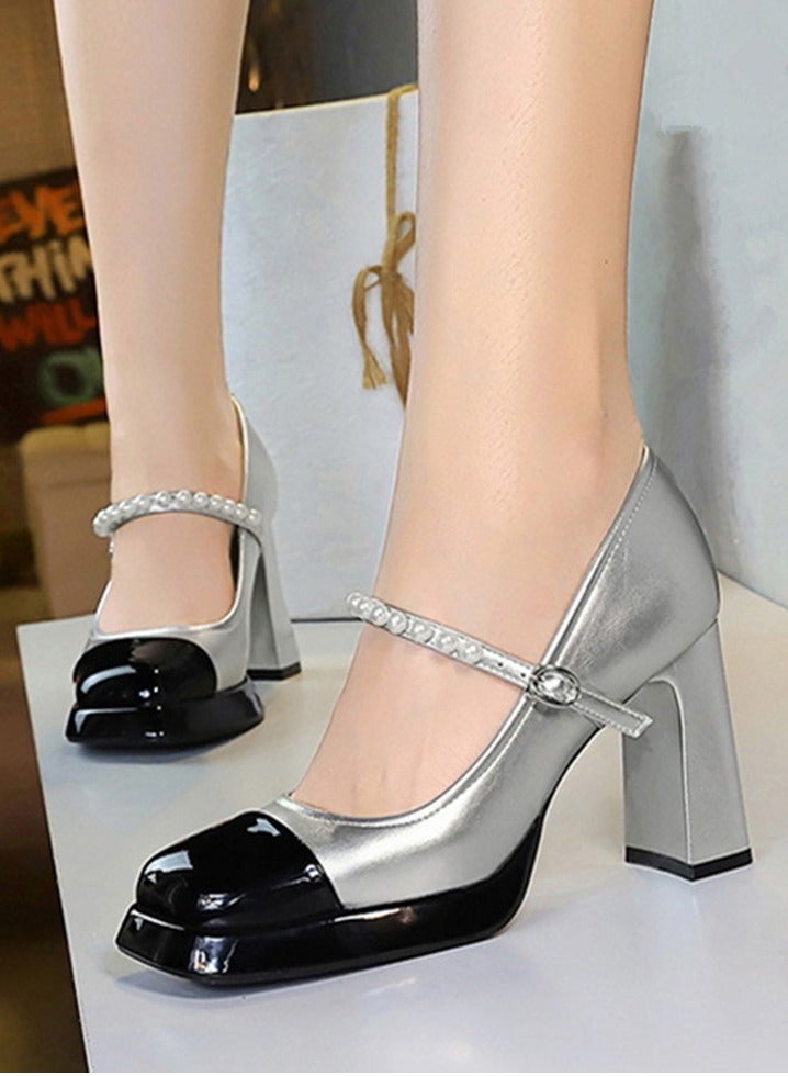 بيج تري ماري جين أحذية الكعب العالي السمينة مغلقة أشارت إصبع القدم الخرز حزام الكاحل أحذية فضية / أسود - Image 3