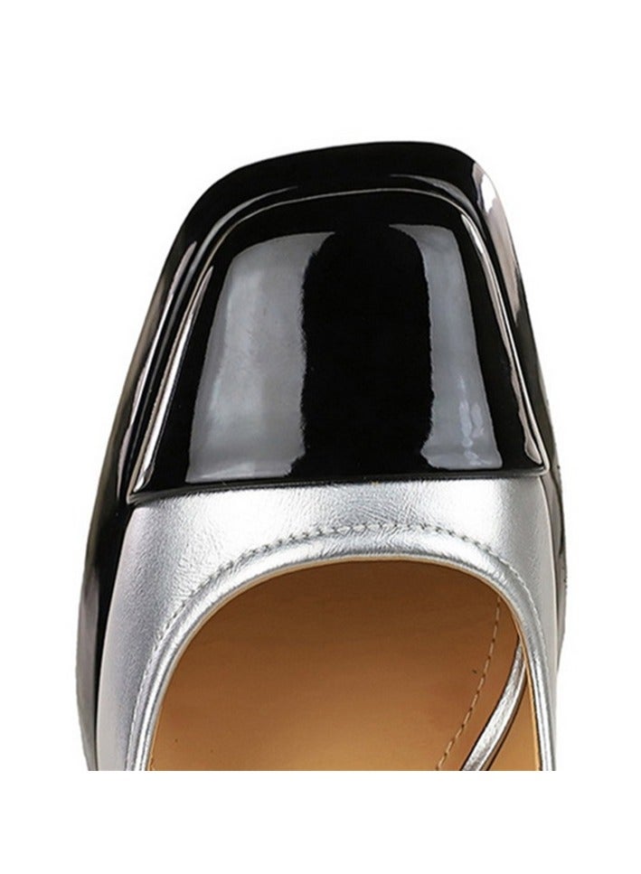 بيج تري ماري جين أحذية الكعب العالي السمينة مغلقة أشارت إصبع القدم الخرز حزام الكاحل أحذية فضية / أسود - Image 4