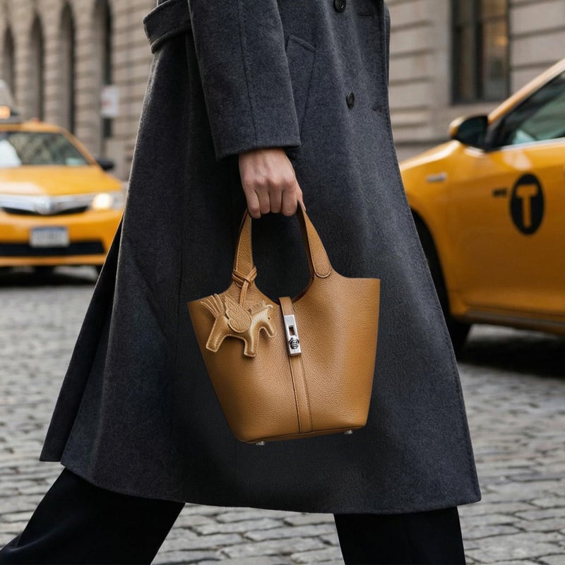 Kadynow Tote Bag for Women Vegan Leather Bucket Purse for Women Top Handle Handbag Shoulder Bag with Detachable Small Purse Yellow Brown - Image 3