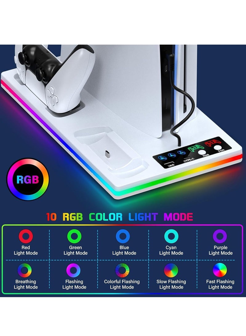 Xkimos PS5 Standard/Slim/Pro Cooling Stand with Dual Controller Charging Dock with LED Light, Suitable for Playsation 5 Slim&Standard Disc/Digital Console PS5 Accessories,Incl Controller Charger Turbo Fan 3 USB Hub (White) - Image 3