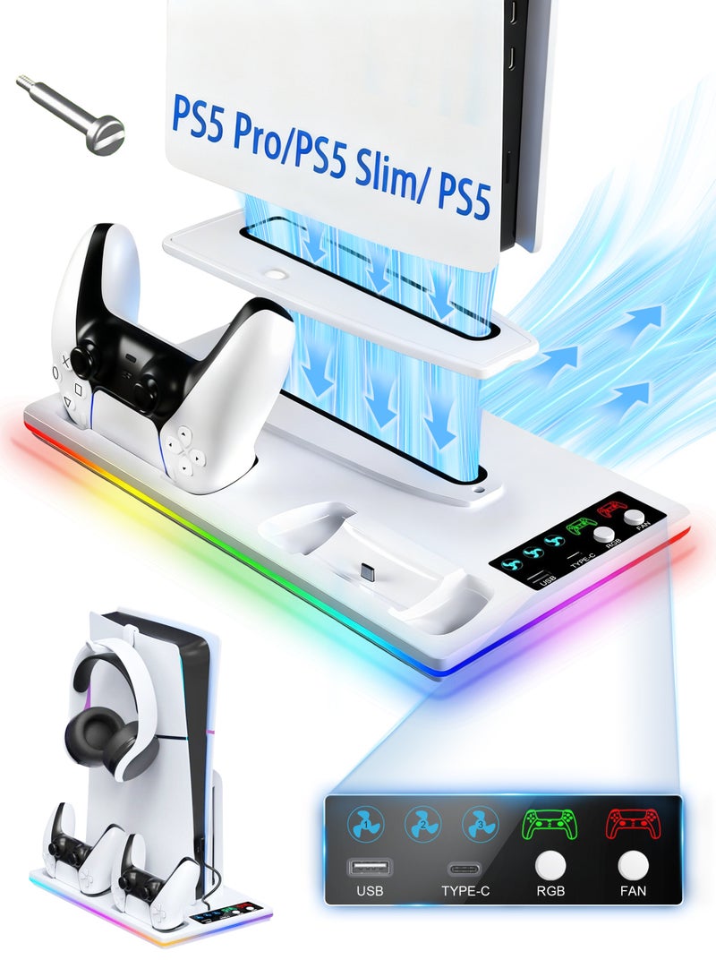 Xkimos PS5 Standard/Slim/Pro Cooling Stand with Dual Controller Charging Dock with LED Light, Suitable for Playsation 5 Slim&Standard Disc/Digital Console PS5 Accessories,Incl Controller Charger Turbo Fan 3 USB Hub (White) - Image 1