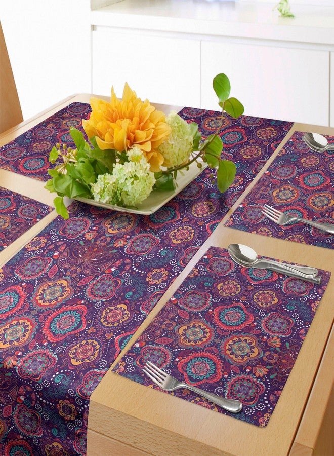 Lunarable Batik Table Runner & Placemats, Eastern Droplet-Shaped Paisley Inspired Traditional Forms Vivid Colors Image, Set for Dining Table Decor, Placemat 4 pcs + Runner 16"x72", Pink Purple - Image 1