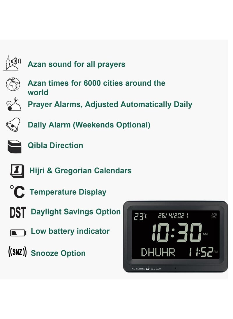 AL-FATIHA Larger LCD Screen Azan Clock, 8 Athan Sounds, Multi-languages, Hijir, Gregorian, Calendars, Muslim Prayer, Desk Alarm Clock Black screen  - Image 4