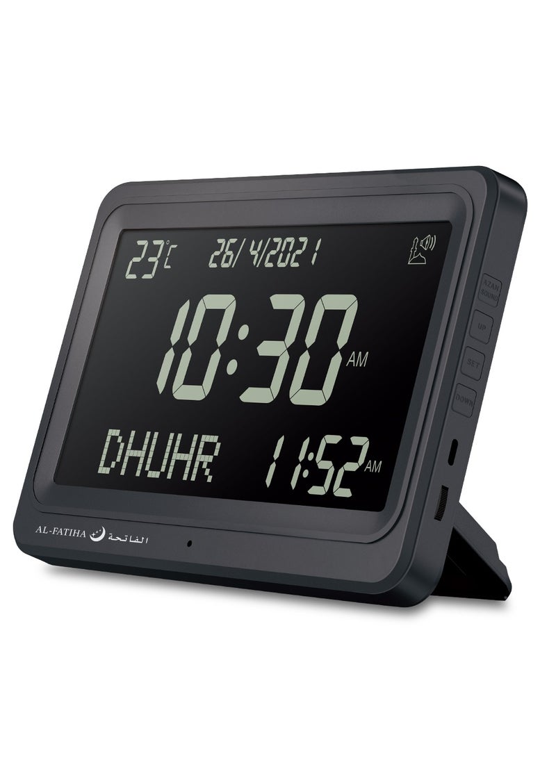 AL-FATIHA Larger LCD Screen Azan Clock, 8 Athan Sounds, Multi-languages, Hijir, Gregorian, Calendars, Muslim Prayer, Desk Alarm Clock Black screen  - Image 1