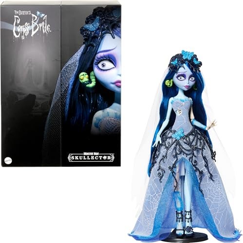 MONSTER HIGH دمية مونستر هاي سكولكتور، العروس الميتة إميلي القابلة للجمع في فستان زفاف قوطي مع شبكة العنكبوت مع ملحقات مثل الحجاب الشفاف وحامل الدمية - Image 1