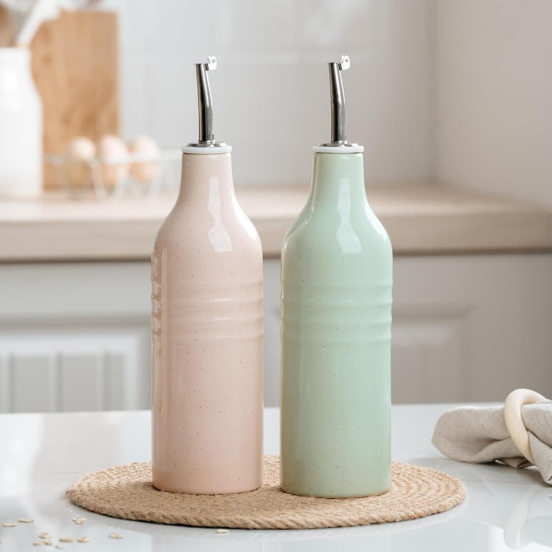 famiware 16oz Ceramic Oil Dispenser Bottle Set - Light Pink & Light Green - Image 1