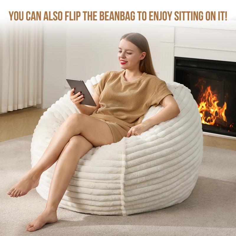 Hobestluk 3ft Bean Bag Chairs for Adults Large Beanbag Chair with Stripe Plush Cover Big Bean Bag Chair for Living Room Bedroom Dorm Office - White (36â€ x 36â€ x 22â€) - Image 3