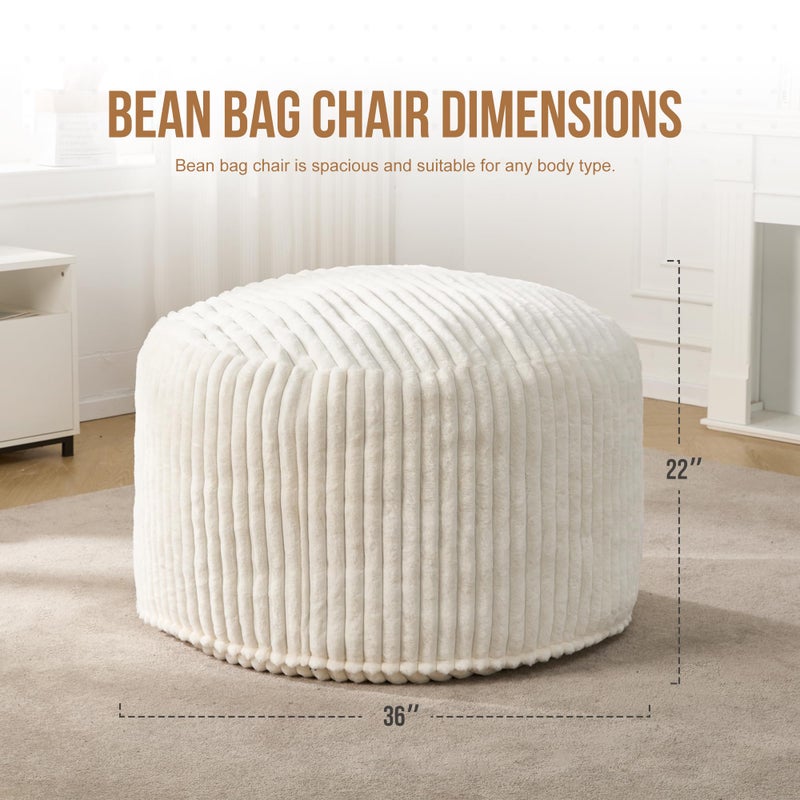 Hobestluk 3ft Bean Bag Chairs for Adults Large Beanbag Chair with Stripe Plush Cover Big Bean Bag Chair for Living Room Bedroom Dorm Office - White (36â€ x 36â€ x 22â€) - Image 2