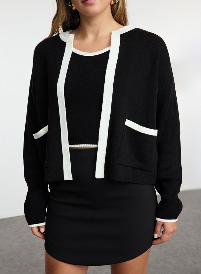 trendyol Black Color Block Knitwear 2Piece BlouseCardigan Set - Image 3