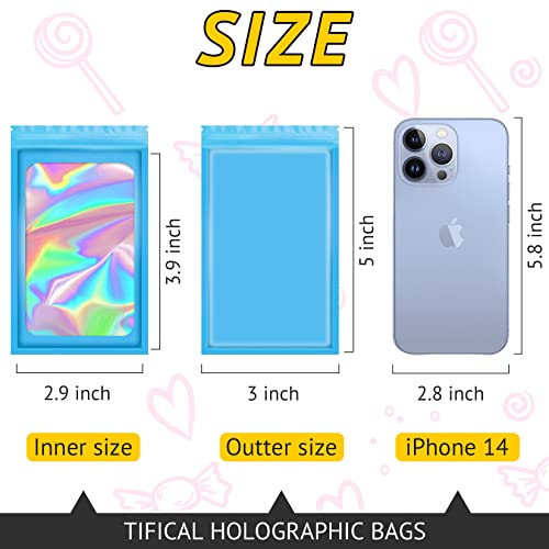 TIFICAL 100 PCS Mylar Holographic Bags Smell Proof Bags Clear Resealable Bags Valentines Day Decorations Gift Baggies for Bracelet Lipgloss Eyelash Jewelry Packaging Blue 3x5 Inch - Image 5
